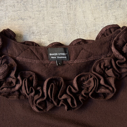 Baker Street Womens Brown Y2K Blouse Top Size L Ruffle Neck               -C65