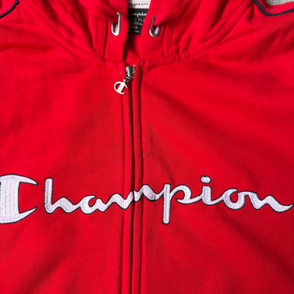 Champion Y2K Red Zip Hoodie Size L Full Zip Script Logo Graphic         -G26