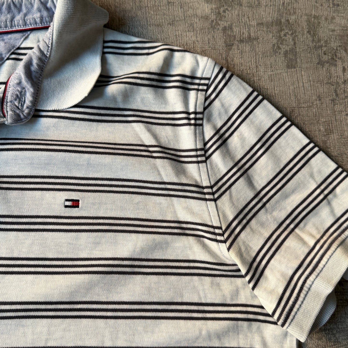 Tommy Hilfiger Mens Striped Polo Shirt Size L Mens Y2K Light Blue         -D55