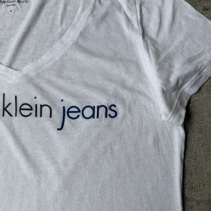 Calvin Klein Womens White Sparkle V Neck Top Size M Y2K        -G61