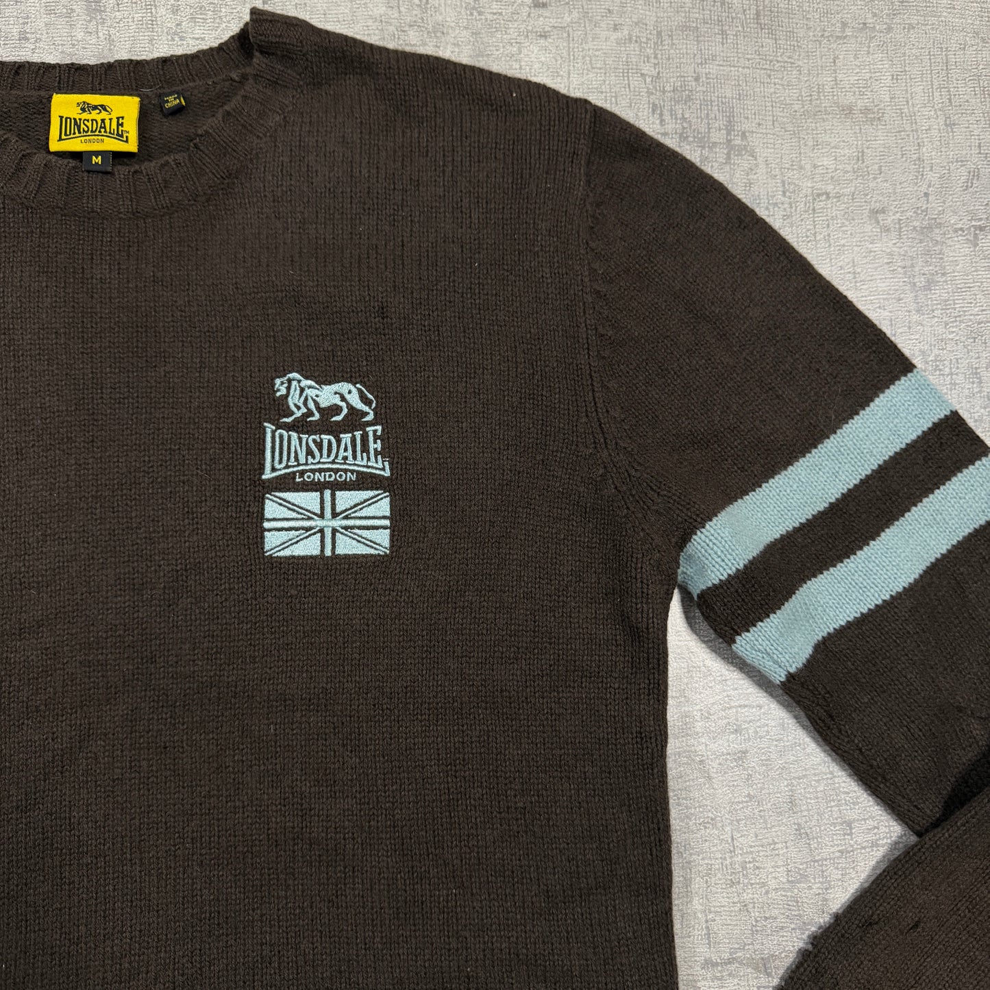 Lonsdale Y2K Knit Sweater Size M Mens Brown Light Blue Pullover          -I32