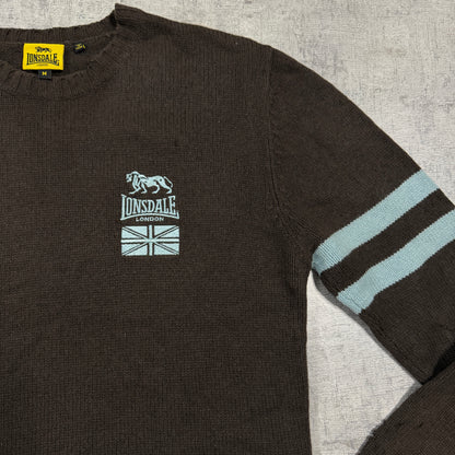 Lonsdale Y2K Knit Sweater Size M Mens Brown Light Blue Pullover          -I32