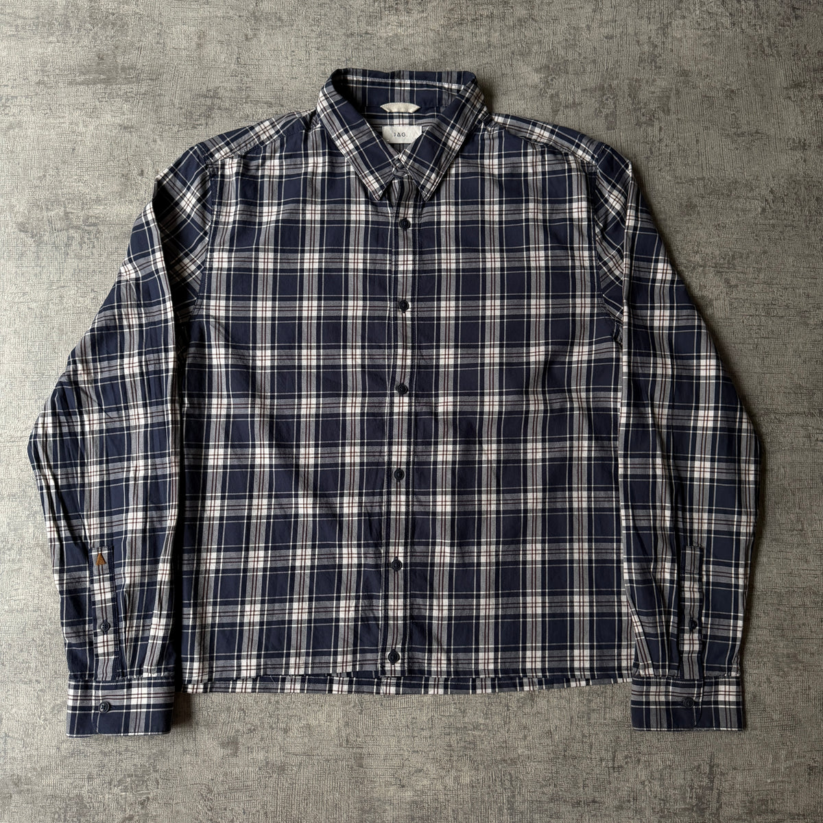 JAG Cropped Long Sleeve Button Up Size L Navy Cream Plaid                 -F14