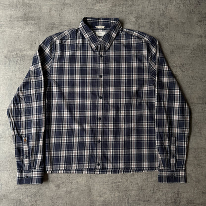 JAG Cropped Long Sleeve Button Up Size L Navy Cream Plaid                 -F14
