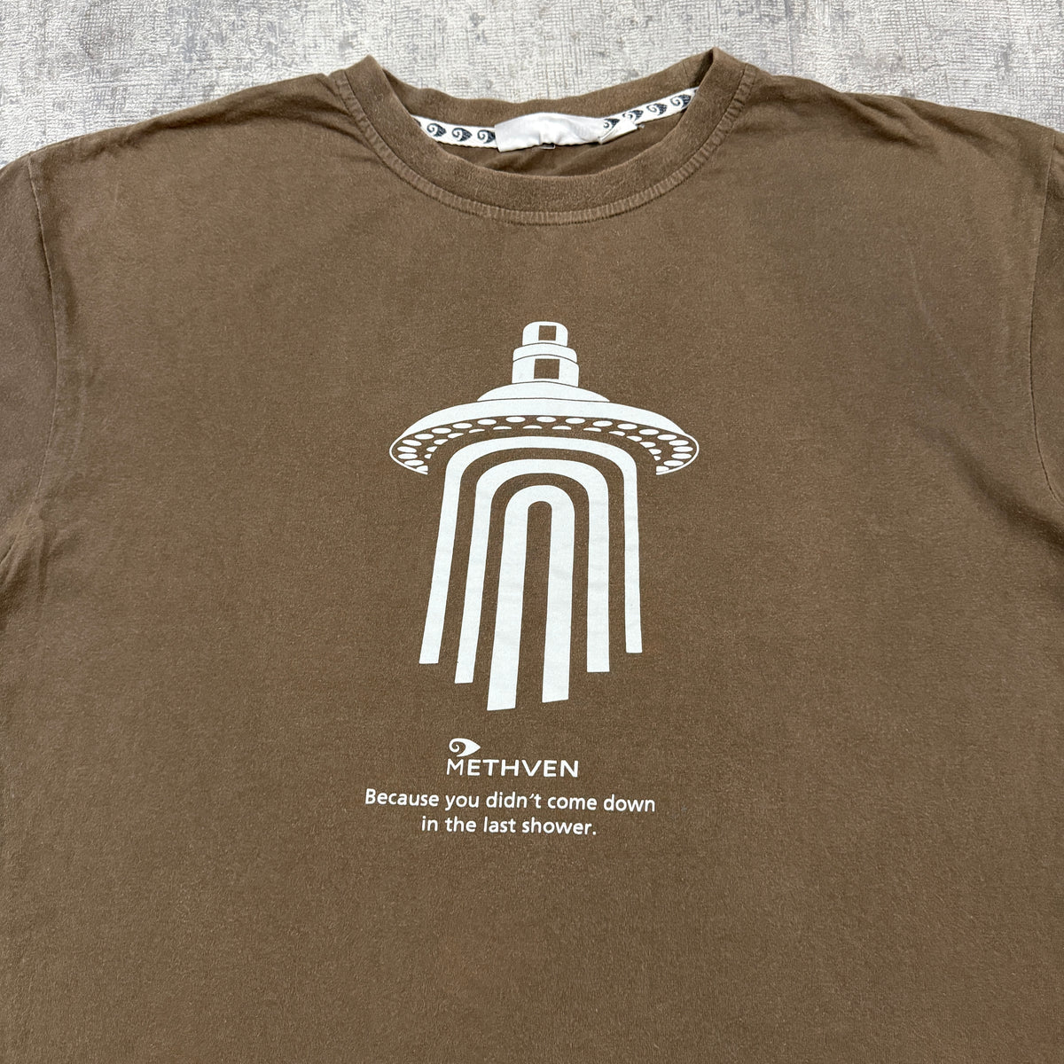 “Because You Didn’t come down in the last shower” Y2K Brown Tee Size L Mens              -I55