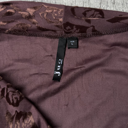 Juo Womens Y2K Brown Floral Velour Top Size L Fitted 3/4 Sleeve            -A59