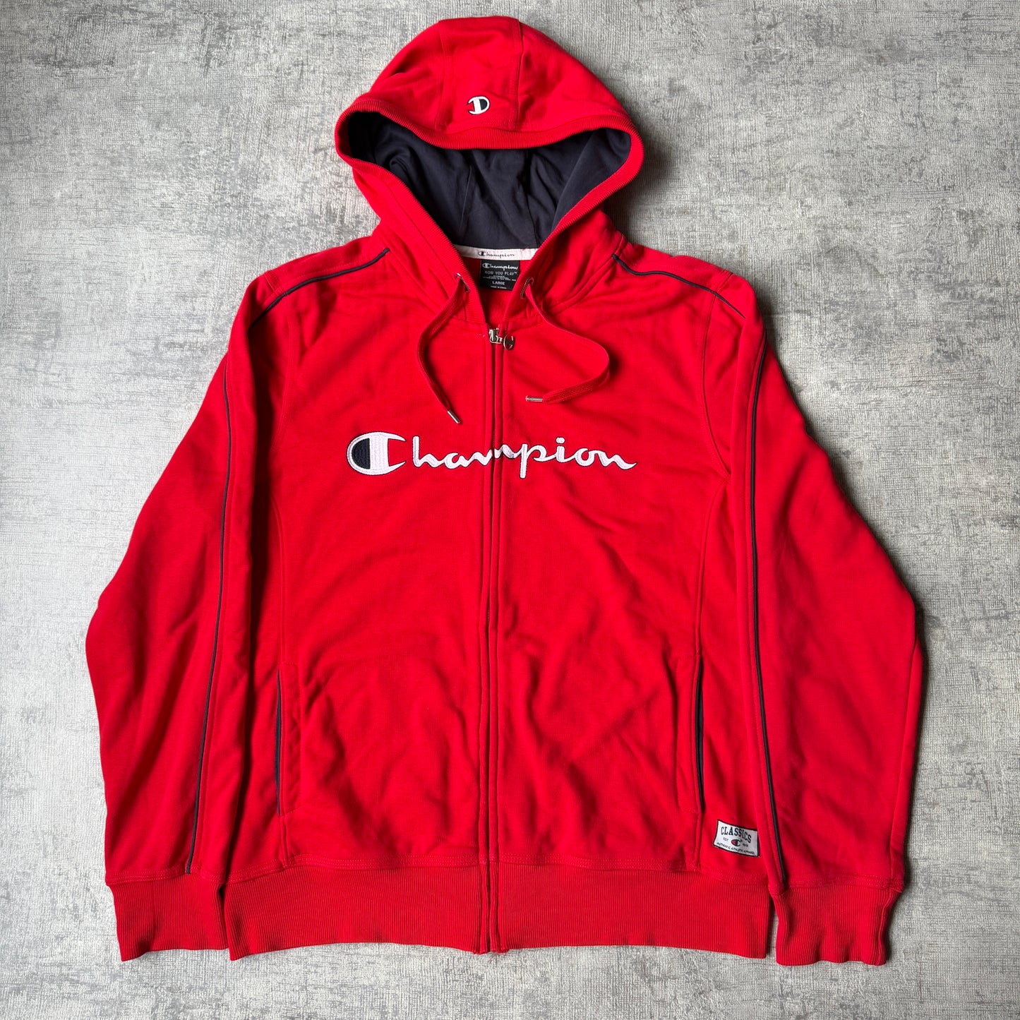 Champion Y2K Red Zip Hoodie Size L Full Zip Script Logo Graphic         -G26