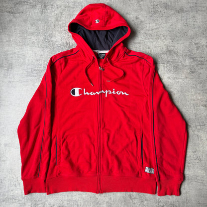 Champion Y2K Red Zip Hoodie Size L Full Zip Script Logo Graphic         -G26