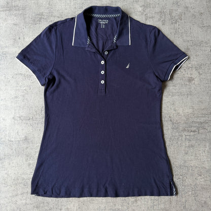 Nautica Womens Navy Blue Polo Shirt Size L Fitted Y2K            -F65