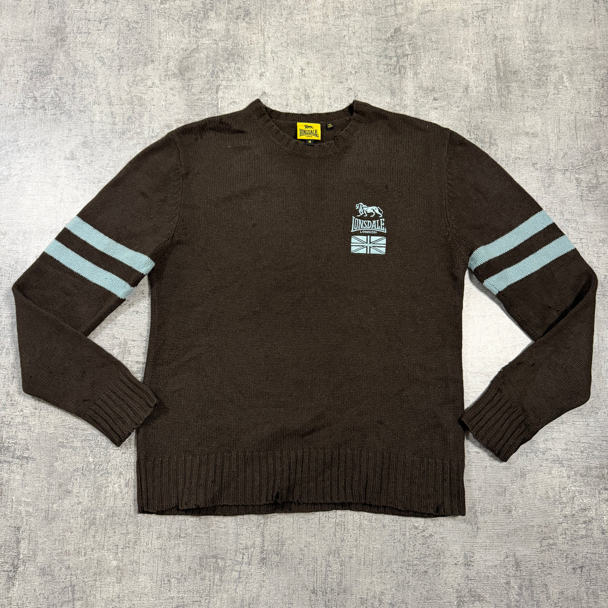 Lonsdale Y2K Knit Sweater Size M Mens Brown Light Blue Pullover          -I32