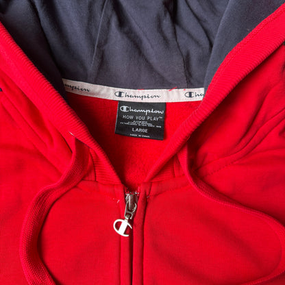 Champion Y2K Red Zip Hoodie Size L Full Zip Script Logo Graphic         -G26