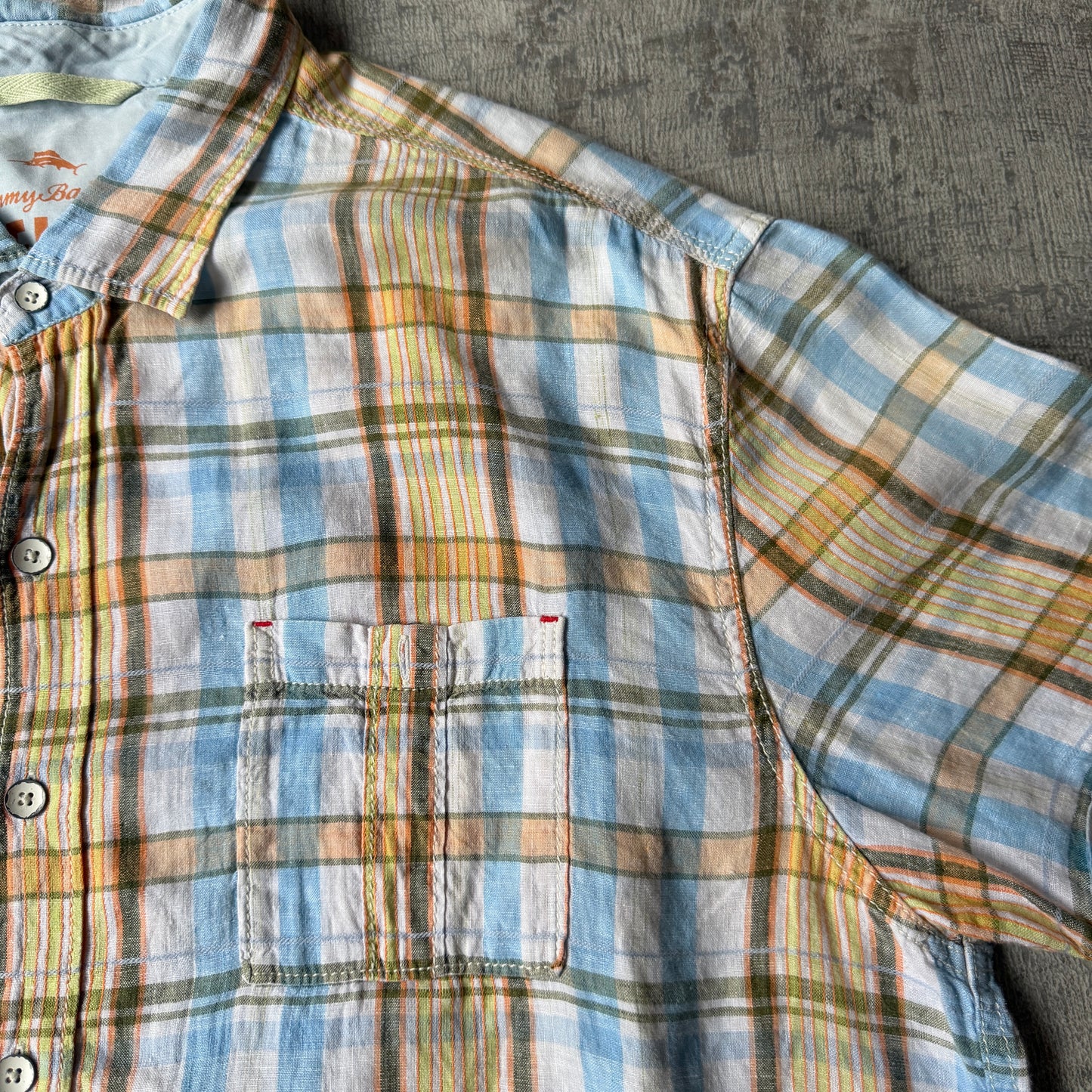 Tommy Bahama Cropped Button Up Shirt Size XL Blue Orange Short Sleeve                -F17