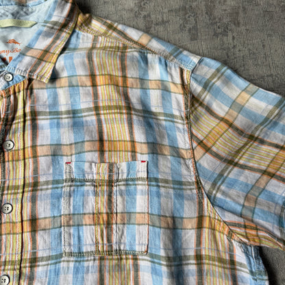 Tommy Bahama Cropped Button Up Shirt Size XL Blue Orange Short Sleeve                -F17