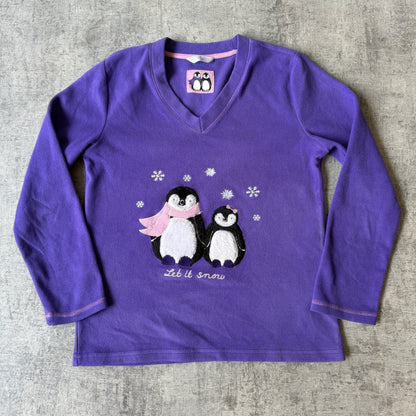 Let It Snow Vintage Womens Purple Fleece V-neck Sweater Size 8/10                  -E29