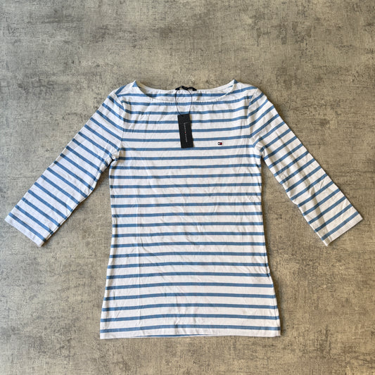 Tommy Hilfiger Womens Long Sleeve Shirt Size XS White/ Blue Striped Top NWT's        -A15