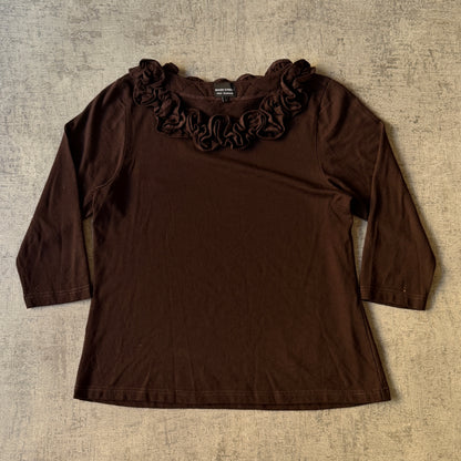 Baker Street Womens Brown Y2K Blouse Top Size L Ruffle Neck               -C65