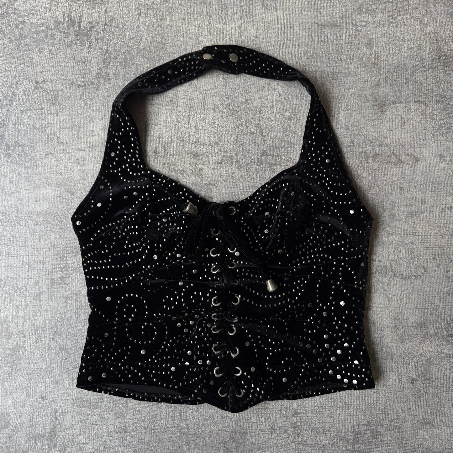 Gerry Shaw Womens Vintage Black Velour Halter Neck Top Size 12 Womens Metal accents       -E68