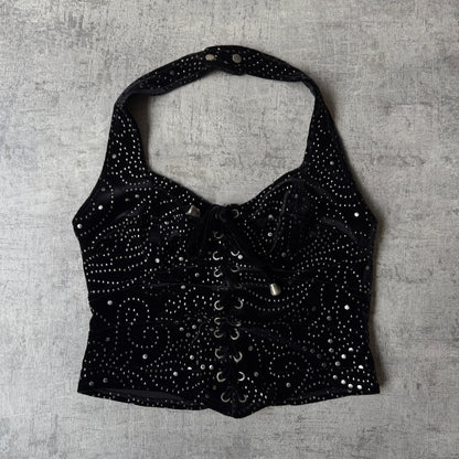 Gerry Shaw Womens Vintage Black Velour Halter Neck Top Size 12 Womens Metal accents       -E68