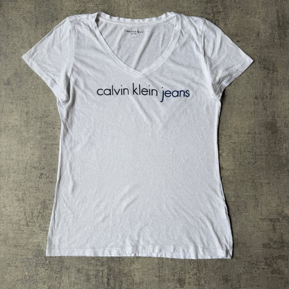 Calvin Klein Womens White Sparkle V Neck Top Size M Y2K        -G61