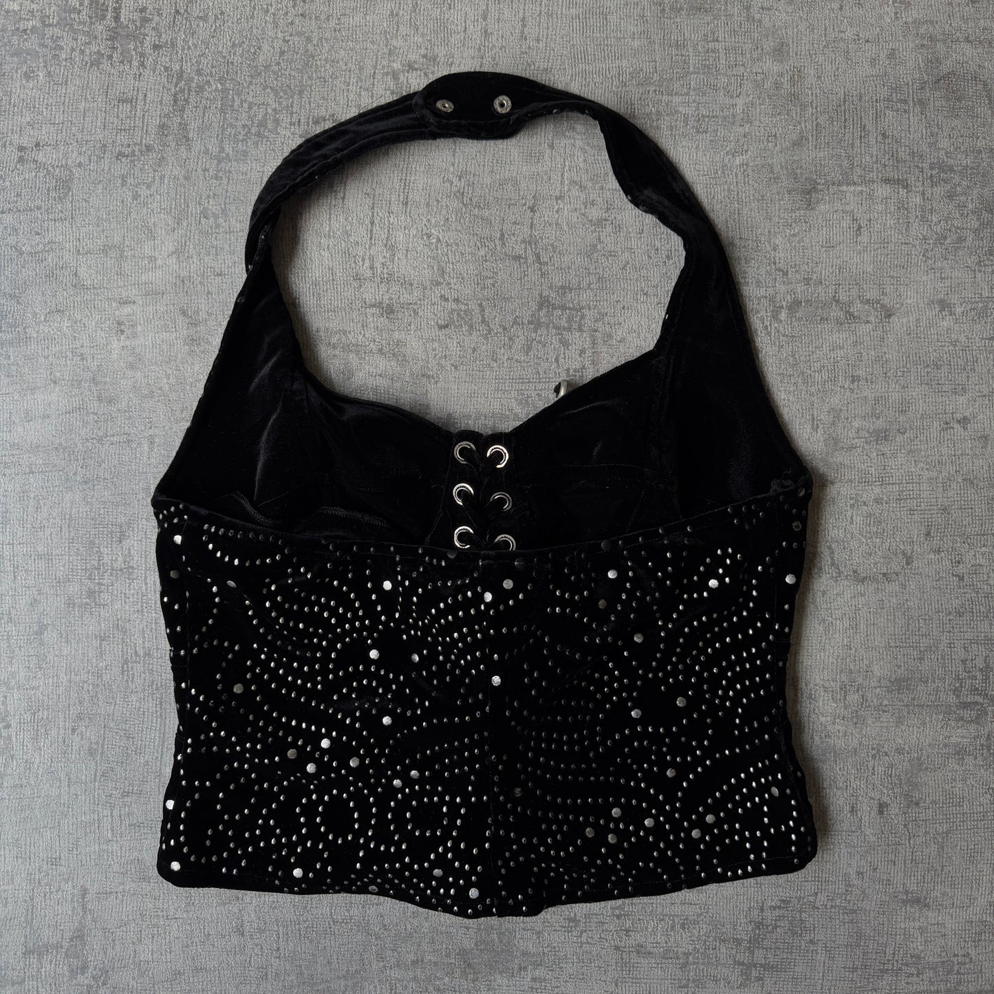 Gerry Shaw Womens Vintage Black Velour Halter Neck Top Size 12 Womens Metal accents       -E68