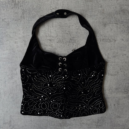 Gerry Shaw Womens Vintage Black Velour Halter Neck Top Size 12 Womens Metal accents       -E68