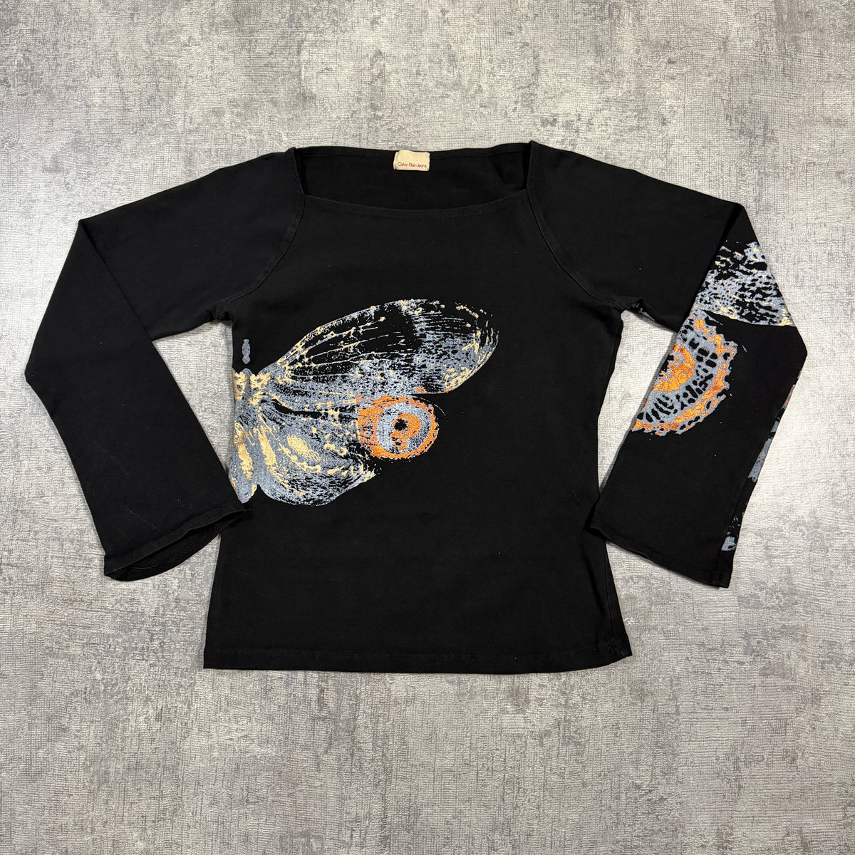Calvin Klein Womens Black Butterfly Long Sleeve Top Size S Womens Y2K Bell Sleeve         -I36