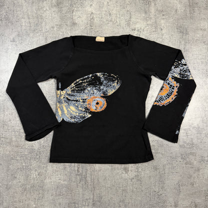 Calvin Klein Womens Black Butterfly Long Sleeve Top Size S Womens Y2K Bell Sleeve         -I36