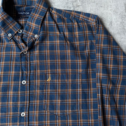 Nautica Cropped Long Sleeve Button Up Navy/ Brown Plaid Long Sleeve             -G16