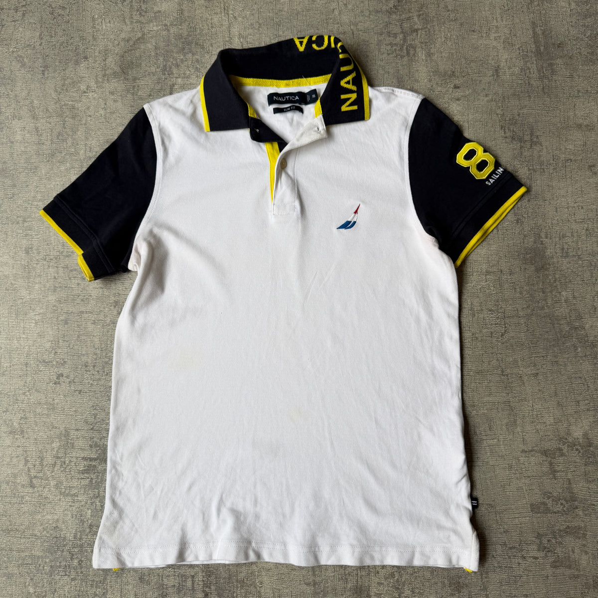 Nautica Womens White Y2K Polo Shirt Size XS Black Yellow Collar       -G62