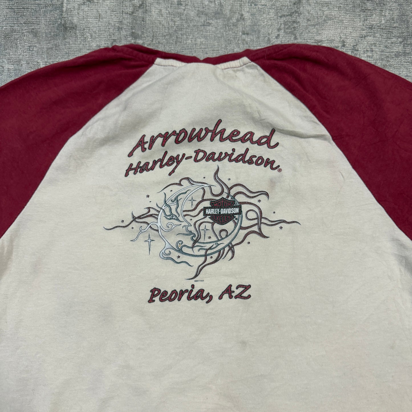 Harley Davidson Womens Y2K Ringer Tee Size M Cream Maroon Skull Graphic               -I42