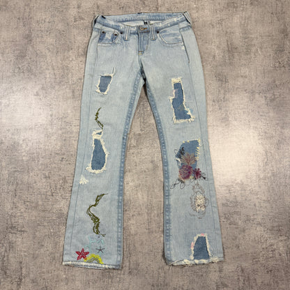 Bebe Womens Y2K Low Rise Flare Jeans Size 26 Embroidered          -I14