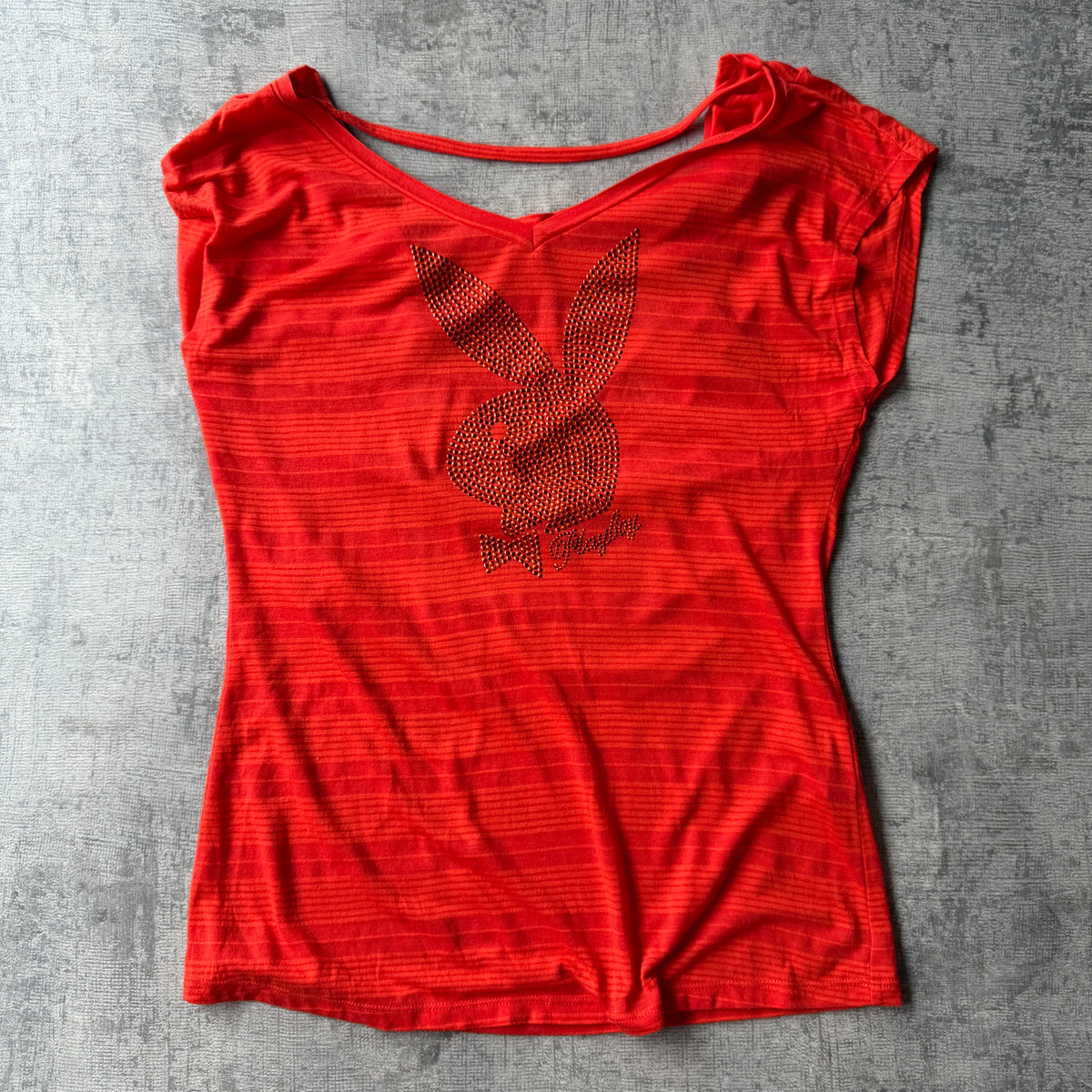 Playboy Y2K Womens Top Size L Orange Studded V-Neck Striped Tee            -B24
