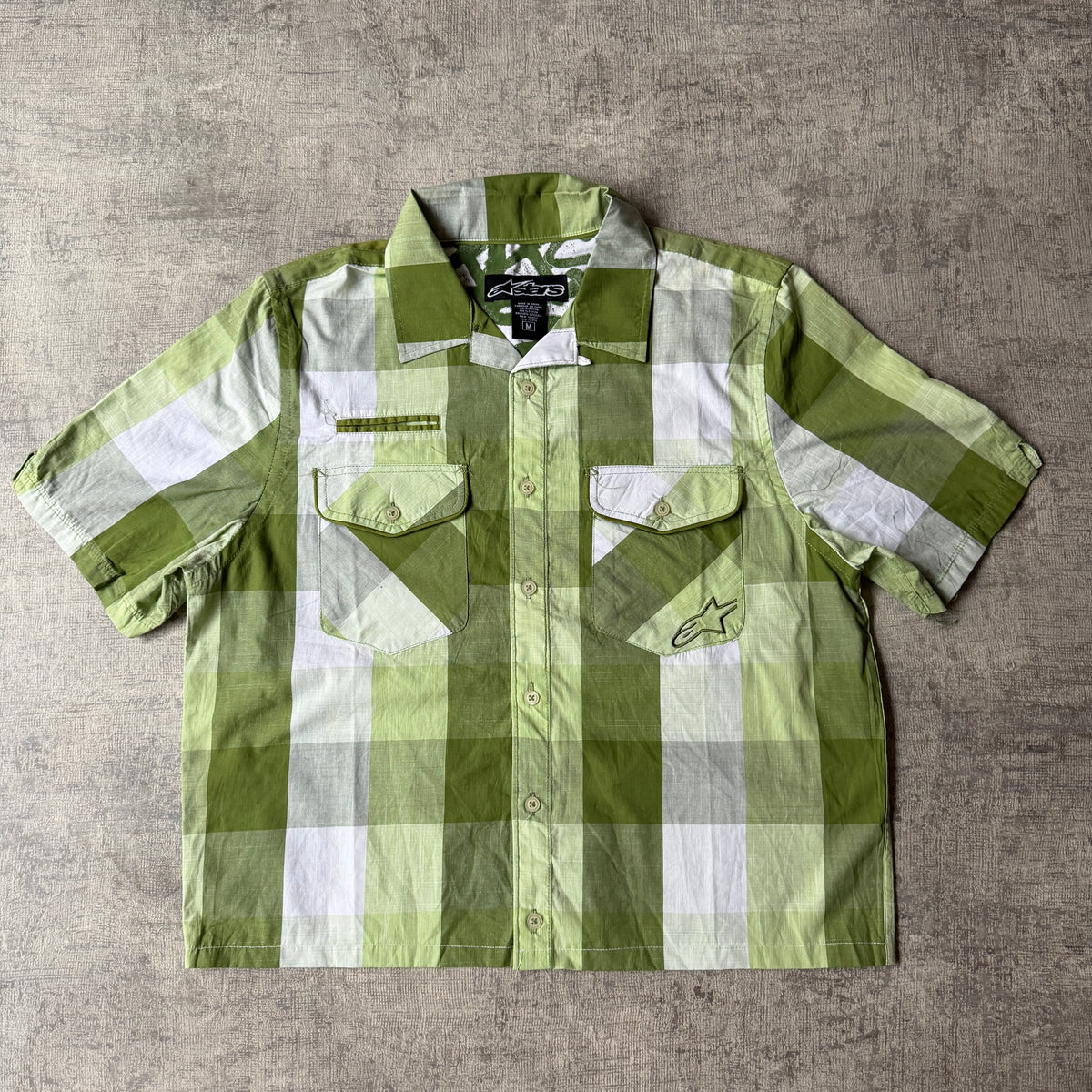 Alpinestars Green Cropped Button Up Shirt Size M Mens Short Sleeve                -F16