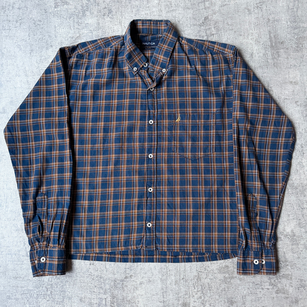 Nautica Cropped Long Sleeve Button Up Navy/ Brown Plaid Long Sleeve             -G16