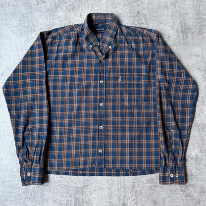 Nautica Cropped Long Sleeve Button Up Navy/ Brown Plaid Long Sleeve             -G16