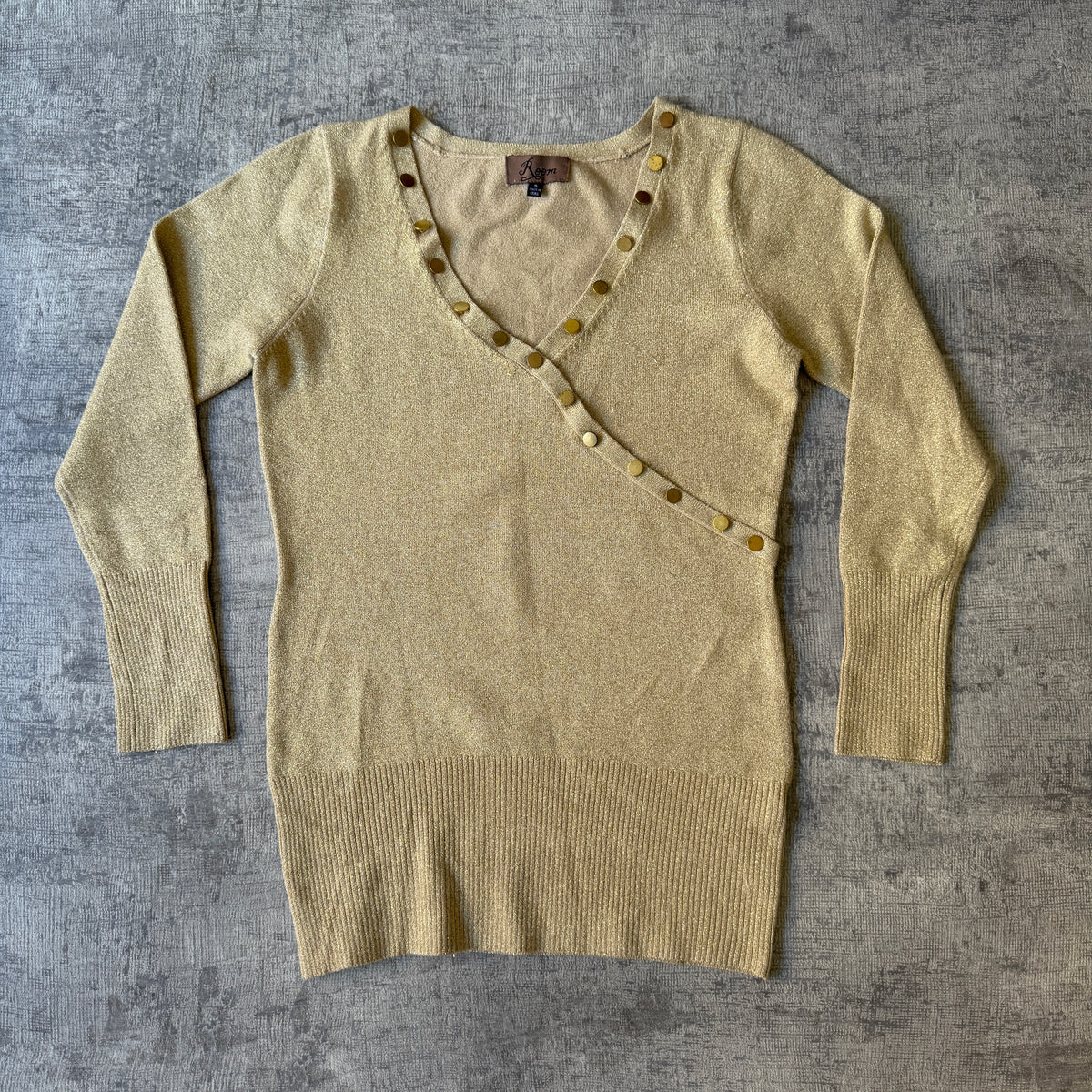 Reem Womens Y2K Gold V-Neck Blouse Top Size S Long Sleeve                   -E54