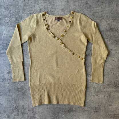 Reem Womens Y2K Gold V-Neck Blouse Top Size S Long Sleeve                   -E54