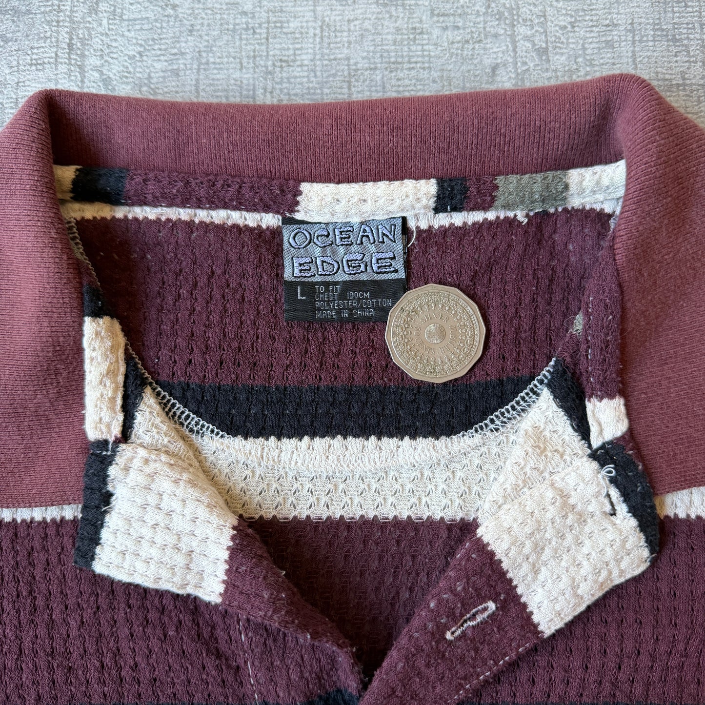 Ocean Edge Mens Y2K Knitted Polo Shirt Size L Striped Maroon Cream     -H40