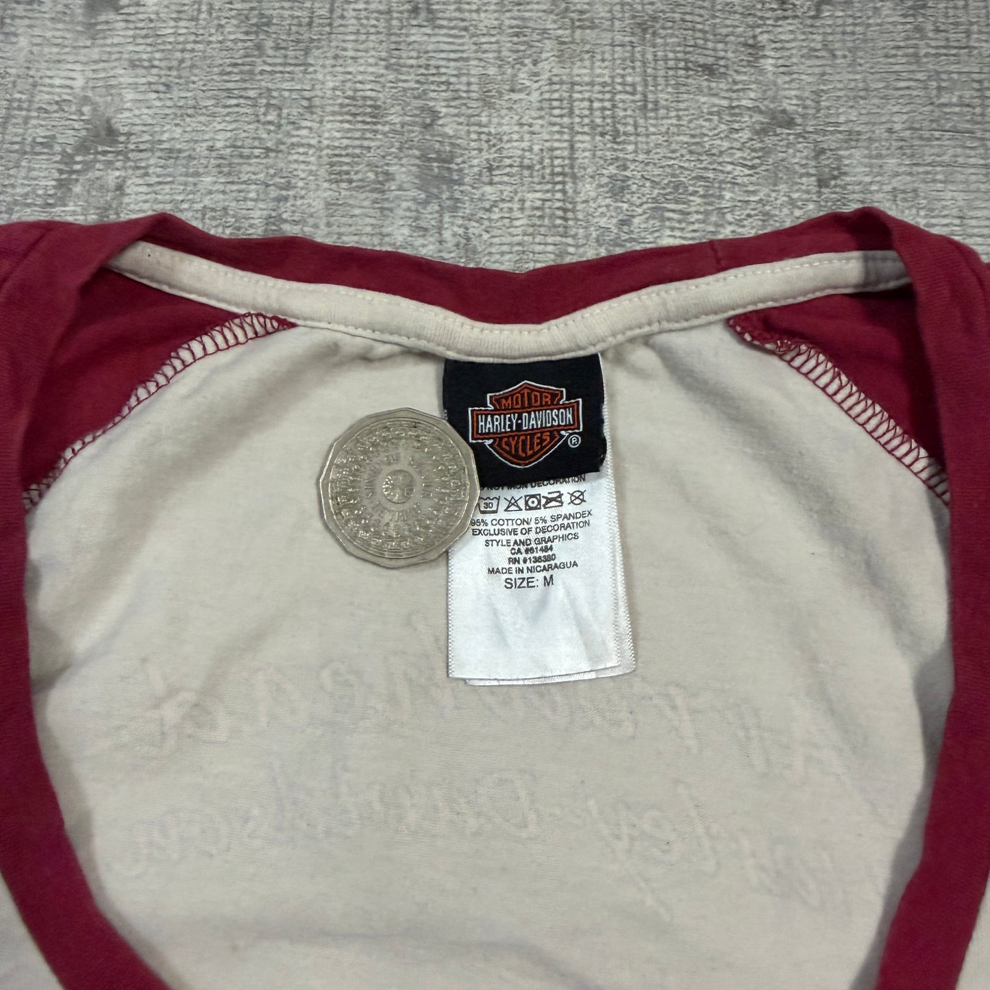 Harley Davidson Womens Y2K Ringer Tee Size M Cream Maroon Skull Graphic               -I42