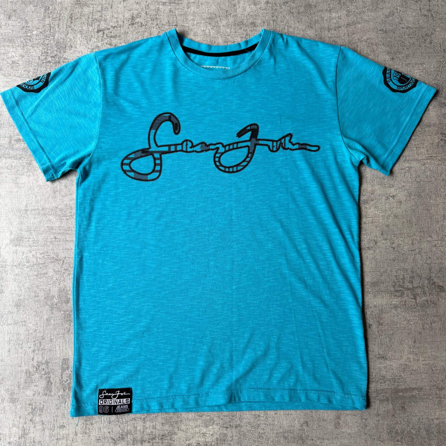 Sean John Y2K Teal Script Logo Graphic T-Shirt Size M Mens                         -E50