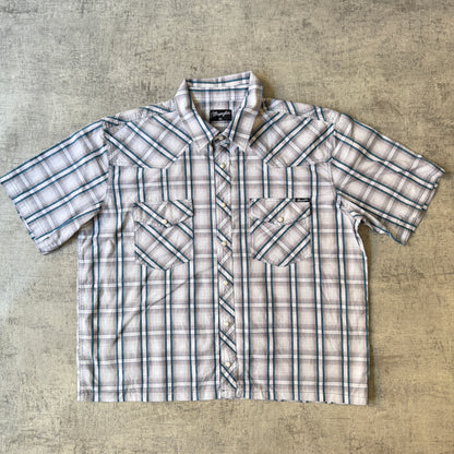 Wrangler Plaid Cropped Button Up Size XXL White Blue                   -E14