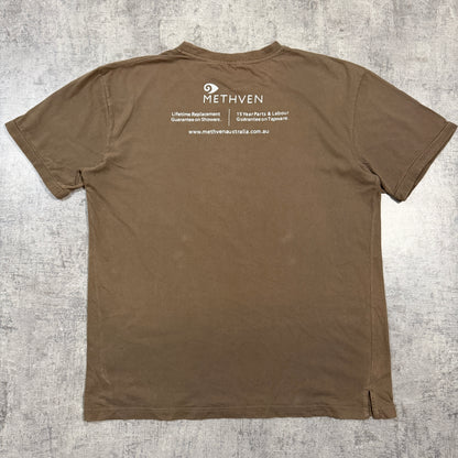 “Because You Didn’t come down in the last shower” Y2K Brown Tee Size L Mens              -I55