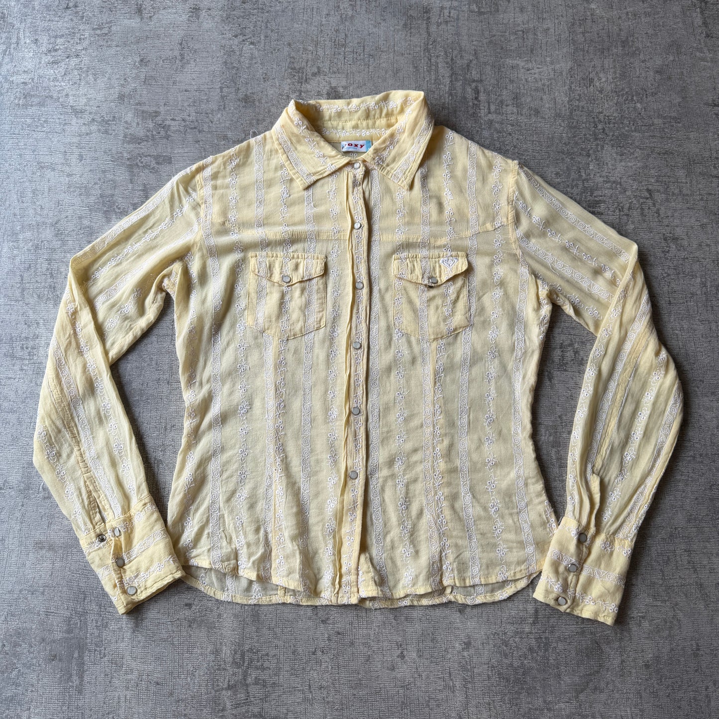 Roxy Vintage Womens Button Up Size M Yellow/ White Lace Details       -B17