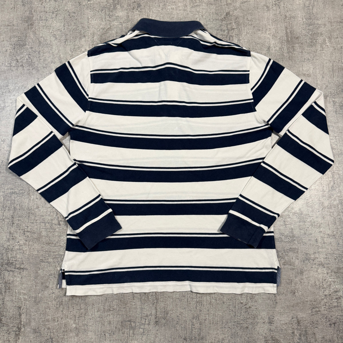 Tommy Hilfiger Men’s Long Sleeve Striped Polo Shirt Size L Mens White/ Navy                         -I65